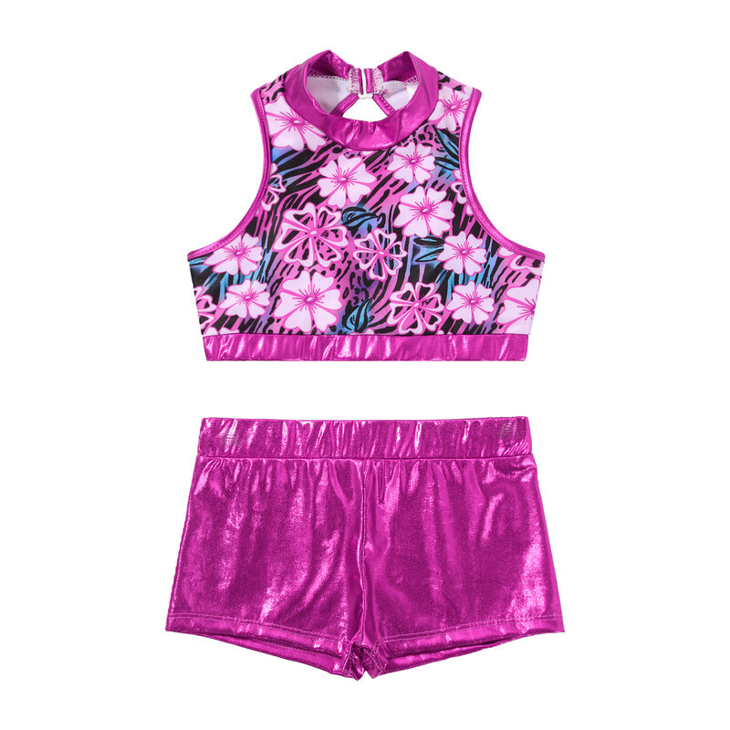 Kids Girls Jazz Hip Hop Street Dance Outfit Sets Ballet Dancing Exercise Costume Shiny Metallic Crop Top with Shorts Performance