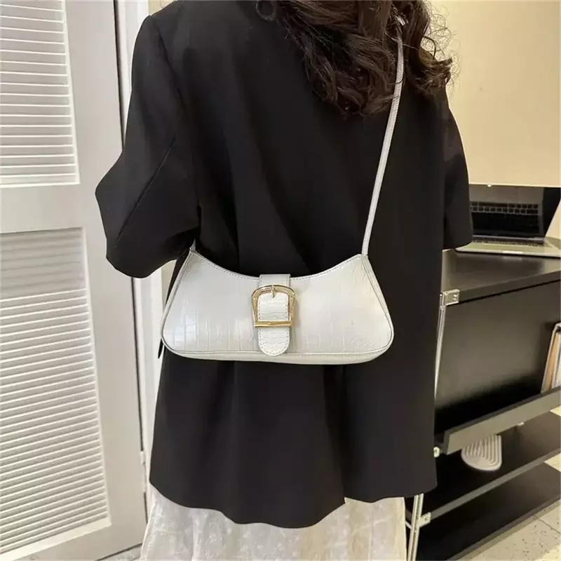 Elegante bolsa de couro para mulheres, bolsa de ombro monocromática, elegante bolsa de axilas portátil e grande, FD05