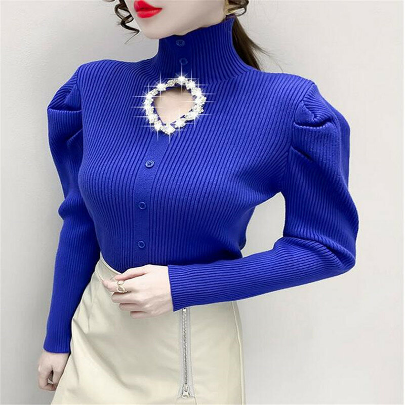 Suéteres de punto de Color liso para mujer, jersey de cuello alto de manga larga con agujeros de diamantes
