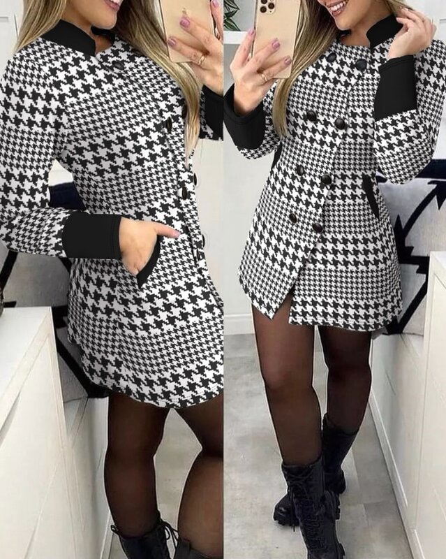Cappotto donna autunno inverno giacca Casual con pannelli a contrasto stampa pied de poule doppio petto tasca Design cappotto manica lunga