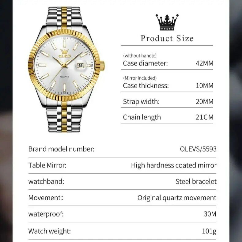 OLEVS-Homens impermeável relógio de aço inoxidável, quartzo, Top, marca de luxo, luminoso, grande Dial, clássico, original