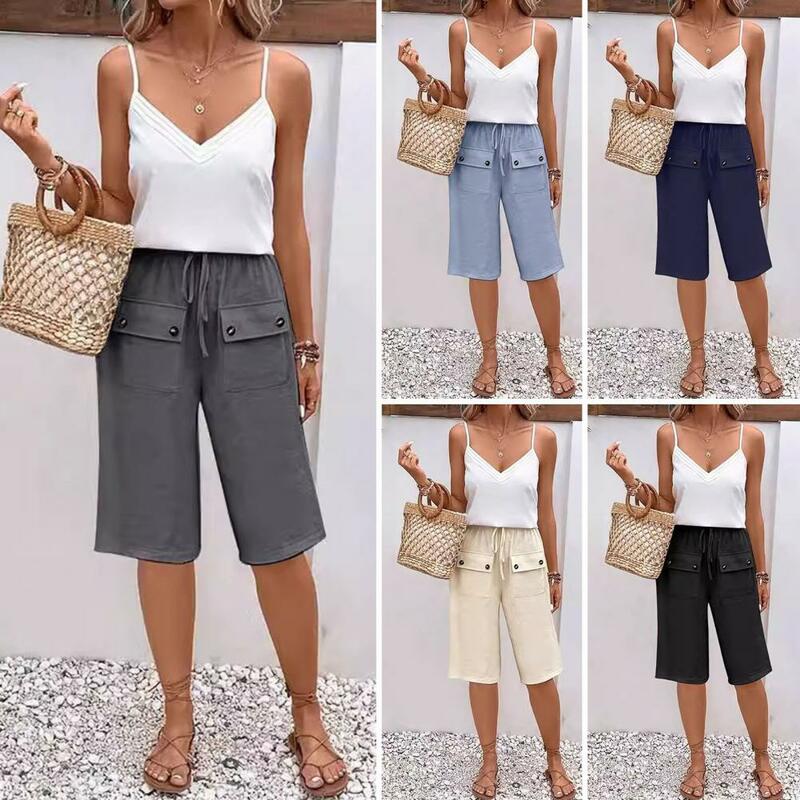 Women Loose Fit Casual Pants Stylish Knee Length Women's Shorts with Drawstring Elastic Waist Buttoned Front Pockets for Casual