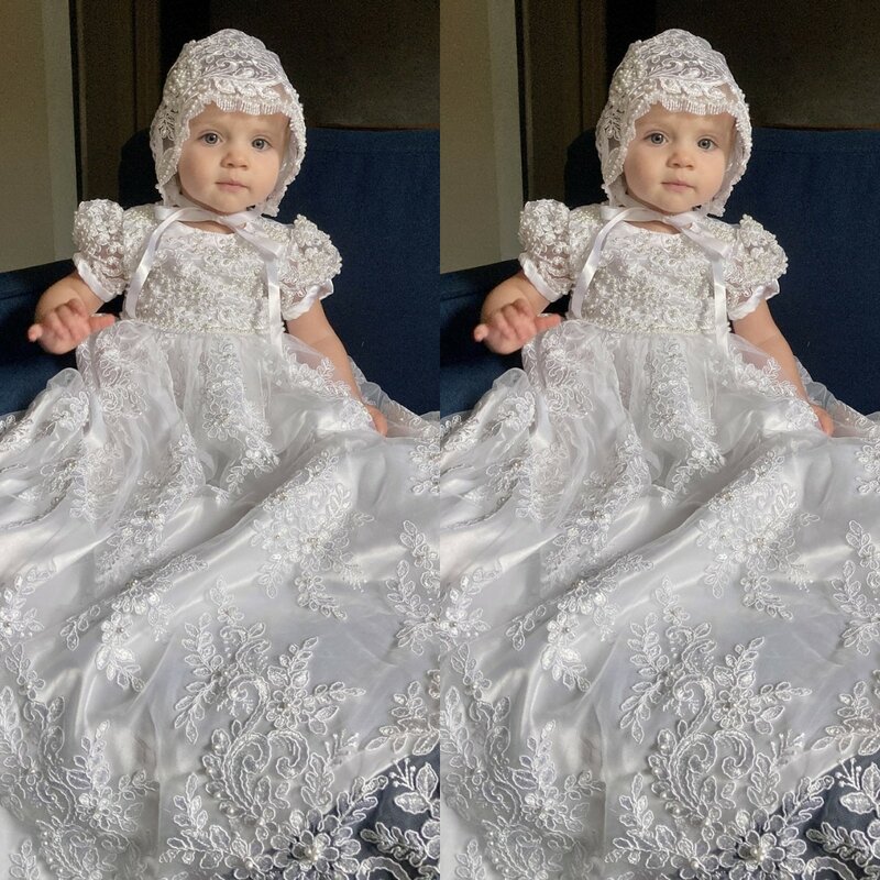 Gaun pembaptisan renda untuk bayi gaun komuni pertama lengan pendek bayi balita perempuan gaun baptis dengan tudung