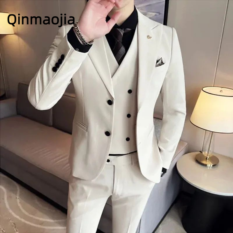 2024 formalny nowy męski biznes jednolity kolor garnitur Slim Fit dopasowana dwurzędowa kamizelka marynarka płaszcz kamizelka spodnie