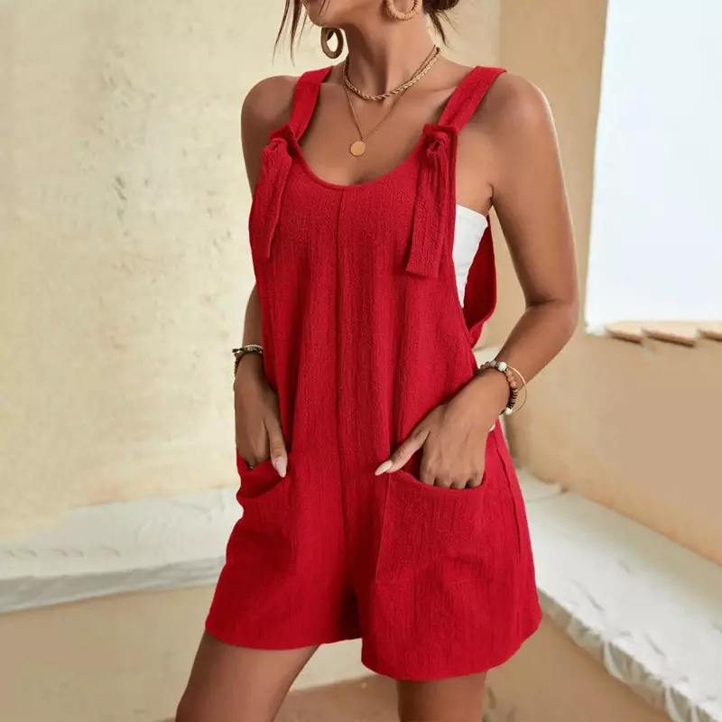 2024 Summer Women's Jumpsuit Overalls Short Loose Sleeveless Wide Leg Overall Solid Casual Daily Basic Romper with Pockets