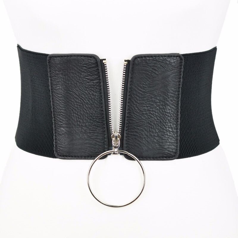 Women Ultra Wide Belt for Dresses Ladies Elastic Belts Female Big Metal Circle Ring Black Waist Strap