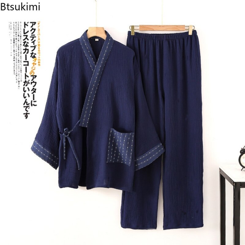 Setelan Kimono pria, pakaian tidur Kimono rumah nyaman bertali atas atasan dan celana panjang set piyama desain krep katun gaya etnik untuk pria 2024