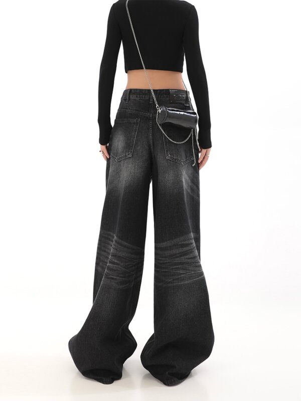 Celana Jeans hitam longgar Vintage wanita Grunge Y2k celana Denim pinggang tinggi kaki lebar pakaian jalanan wanita ukuran besar mode Korea