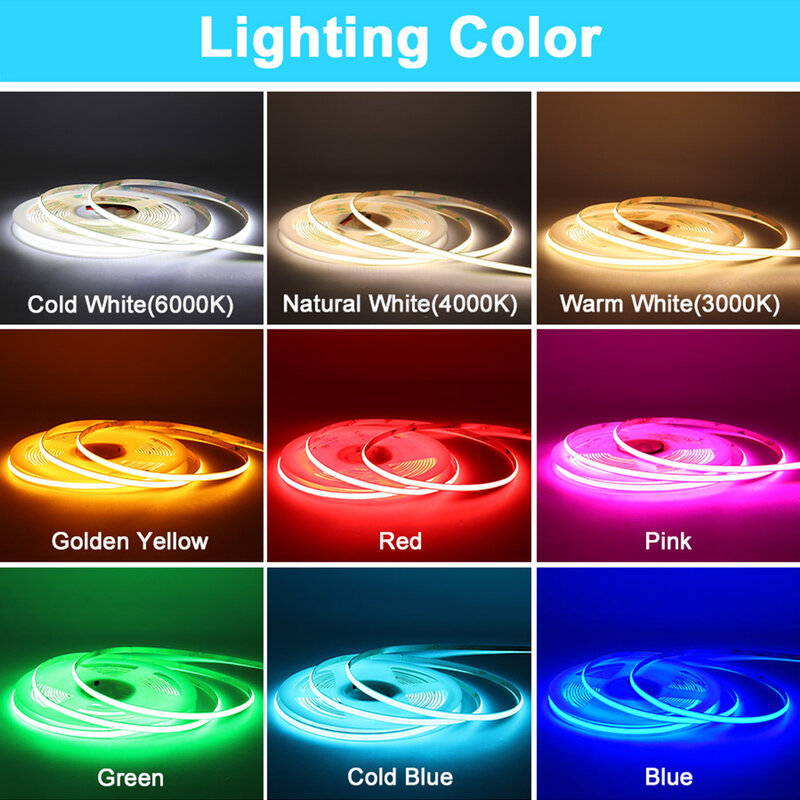 Striscia LED COB 12V/24V rosso/giallo/verde/rosa/blu/blu freddo/caldo/naturale/bianco freddo striscia LED RA90 flessibile ad alta densità dimmerabile