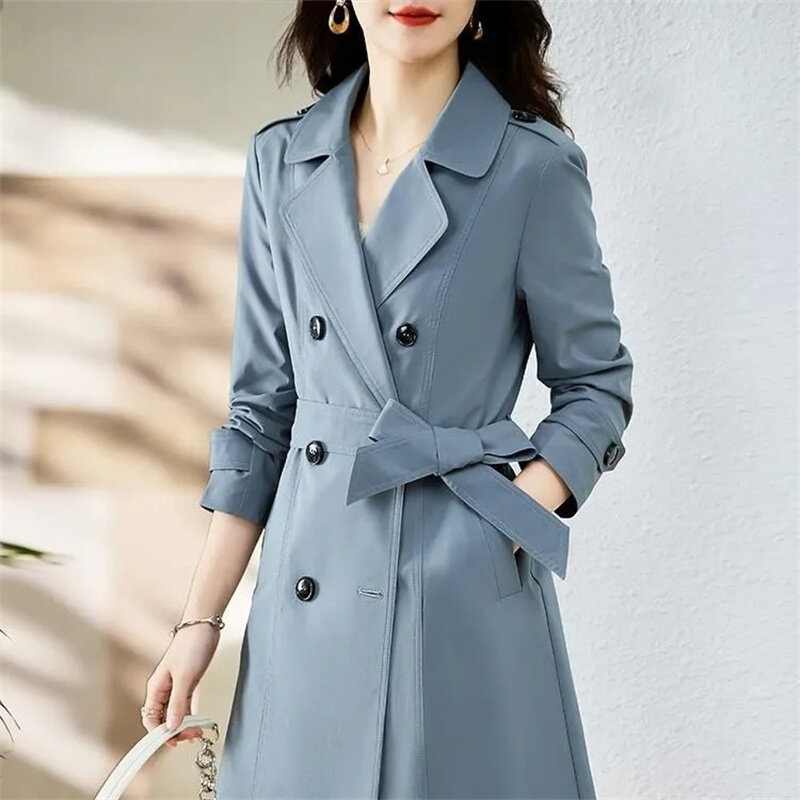 Gabardina larga de estilo británico para mujer, abrigo clásico de doble botonadura, elegante, holgado, azul, moda coreana