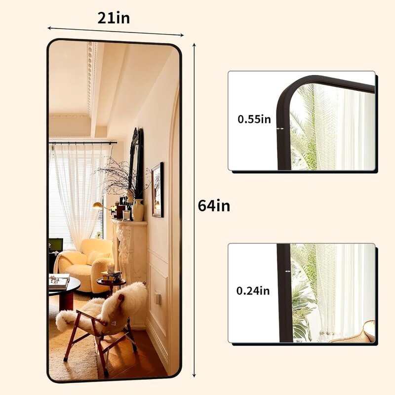 XRAMFY 66"x23" Black Floor Full Length Mirror Standing Full Body Rounded Corner Rectangle Mirrors with Stand Hanging Wall