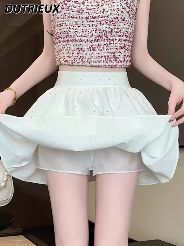Solid Color Rhinestone Ruffled Spring Summer Women's Skirts 2024 New Simple Sweet Cute Casual A- Line High Waist Skirt Female