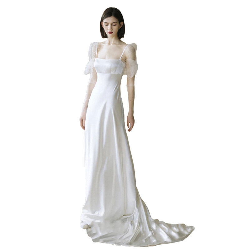 Женское свадебное платье с квадратным вырезом, простое ТРАПЕЦИЕВИДНОЕ ПЛАТЬЕ до пола со шлейфом и молнией