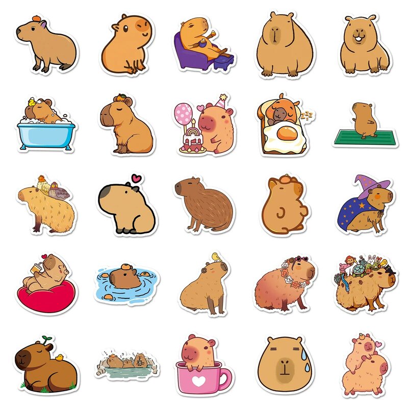 10/30/50 buah stiker kartun Capybara baru dekorasi mainan buku tempel gitar stiker hewan tikus Belanda coklat lucu grosir