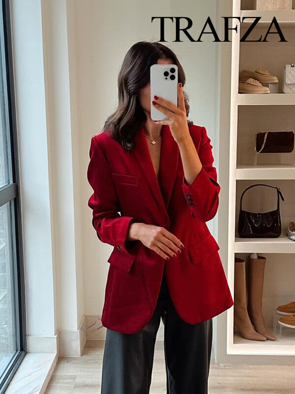 TRAFZA-Chaqueta elegante de primavera para mujer, abrigos rojos de manga larga con cuello vuelto, bolsillos decorativos, un solo botón, moda femenina