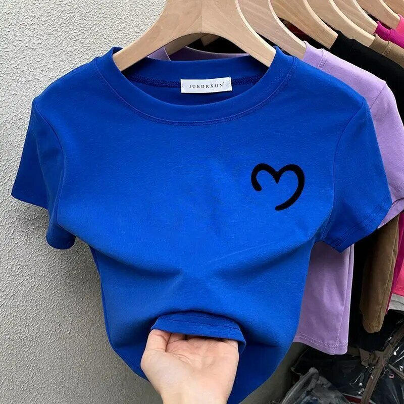 Camiseta de algodón puro con media forma de corazón para mujer, jersey de cuello redondo con estampado de retales, Camiseta ajustada de manga corta, Top 2024