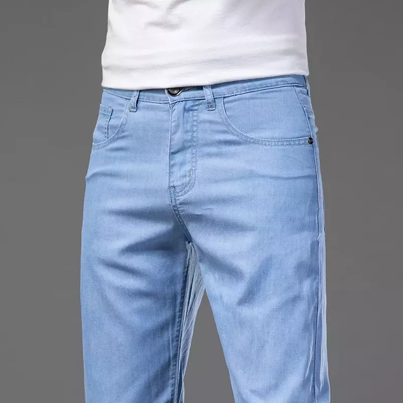 Summer Lyocell Jeans Men Thin Loose Straight Stretch Denim Pants Light Blue Classic Trousers Large Size 40 42 44