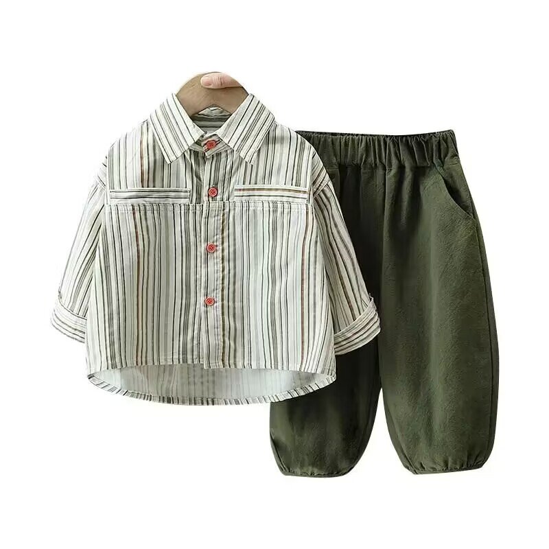용수철 가을 어린이 코튼 셔츠 상의, 바지 2 개, 0-9 세 세트, 캐주얼 의상 운동복