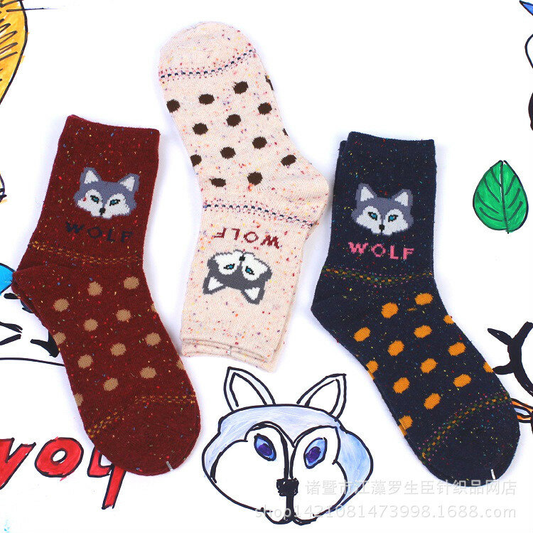 Зимние носки, носки в горошек с мультяшными животными кошками и лисами, женские теплые носки средней длины, женские носки из шерсти кролика