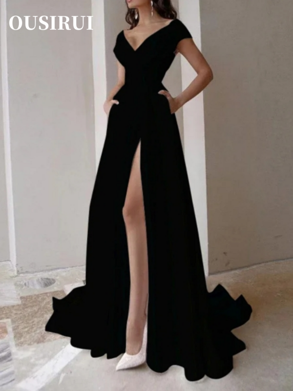 Ärmellose elegante Party kleider mit hohem Taillen schlitz 2024 sexy unregelmäßige feste V-Ausschnitt gekräuselte lange Abendkleid Abschluss kleider