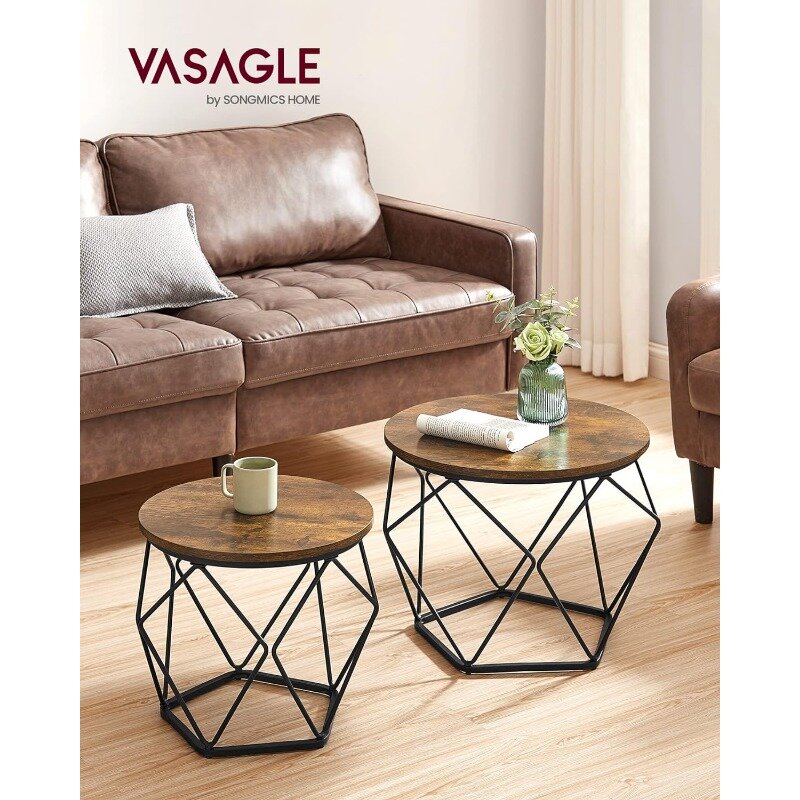 VASAGLE 소형 커피 테이블 세트, 강철 프레임 원형 커피 테이블, 사이드 엔드 테이블, 거실, 침실, 사무실, Rusti, 2 개
