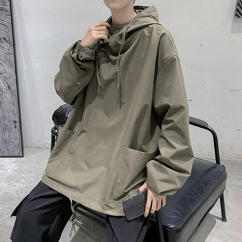 Men Spring Coat Pullover Hooded Solid Color Hip Hop Drawstring Young Men Hoodie Casual Patch Pockets Men Spring Top for Street