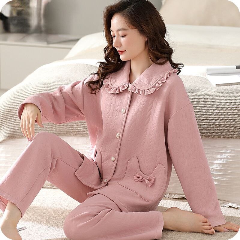 2024 Nieuwe Hoogwaardige Lucht Katoenen Pyjama Vrouwen Gewatteerde Jonge Middelbare Leeftijd Lange Mouwen Nachtkleding Vesten Herfst Winter Homewear Set