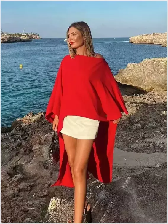 Asymmetric White Woman Blouse Cape Red Long Blouse For Women Streetwear Beach Elegant Blouses Summer Loose Blouses Woman