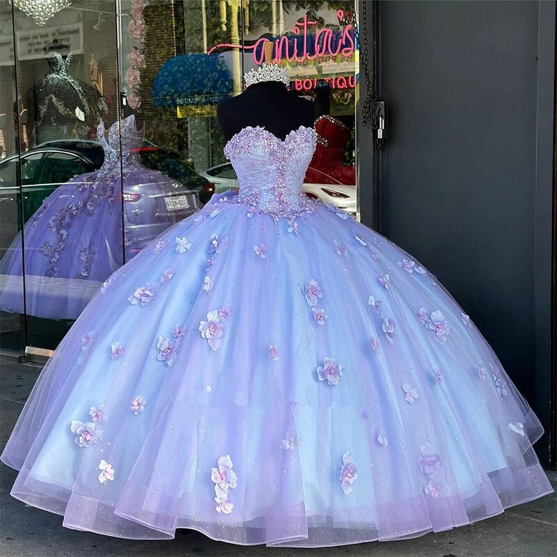 Gaun bunga 3D lengan Puff Lavender IRIDESCENT gaun Quinceanera Vestidos De 15 Anos applique renda Cinderella 16 gaun putri