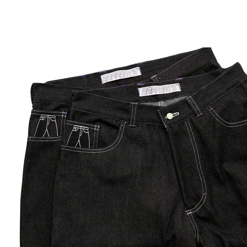Jeans preto retrô de cintura alta solto para homens e mulheres, calças de perna reta e larga, calça casual de skate hip hop, simples, y2k, novo