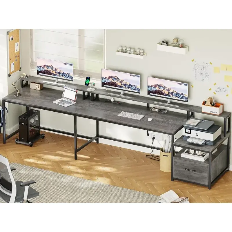 66" L Shaped Home Office w/ File Drawer & Power Outlet, Gaming Desk w/LED Lights, Corner Computer Desk w/ Monitor Storage Shelf