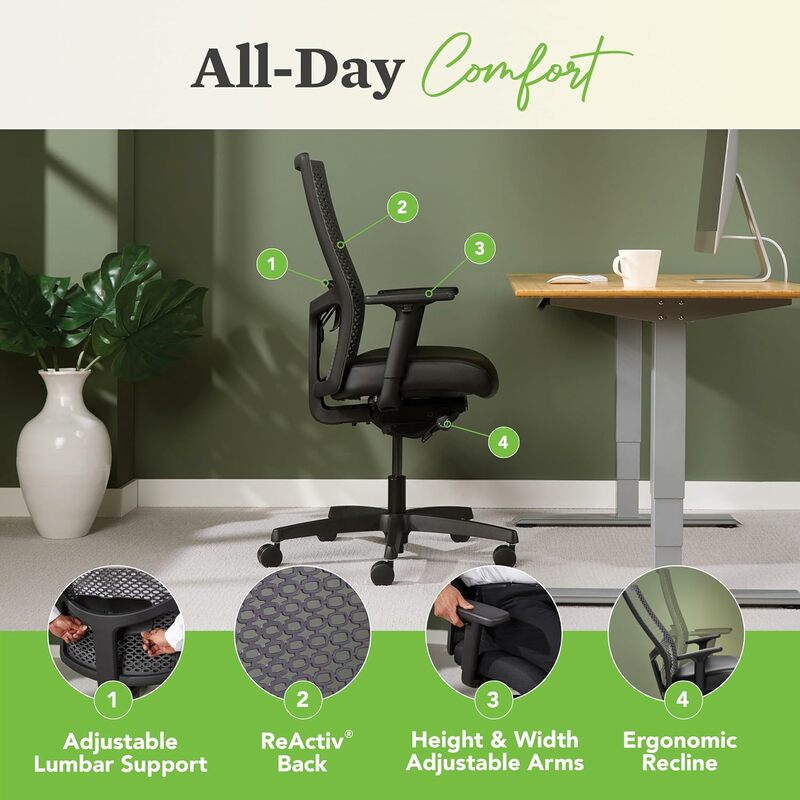Office chair for high airflow and bend support - adjustable lumbar spine, home office computer desk chair, back pain - black