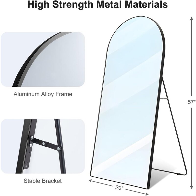 Cermin panjang penuh melengkung 57 inci x 20 inci, cermin dinding berdiri bebas miring atau dipasang di Gantung, bingkai logam campuran aluminium tipis