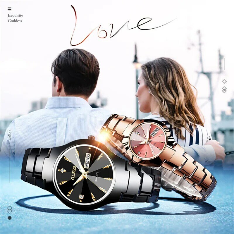 OLEVS Fashion Men Women Watches Couple Items For Lovers Tungsten Steel Quartz Date Clock Waterproof His Hers Watch Reloj