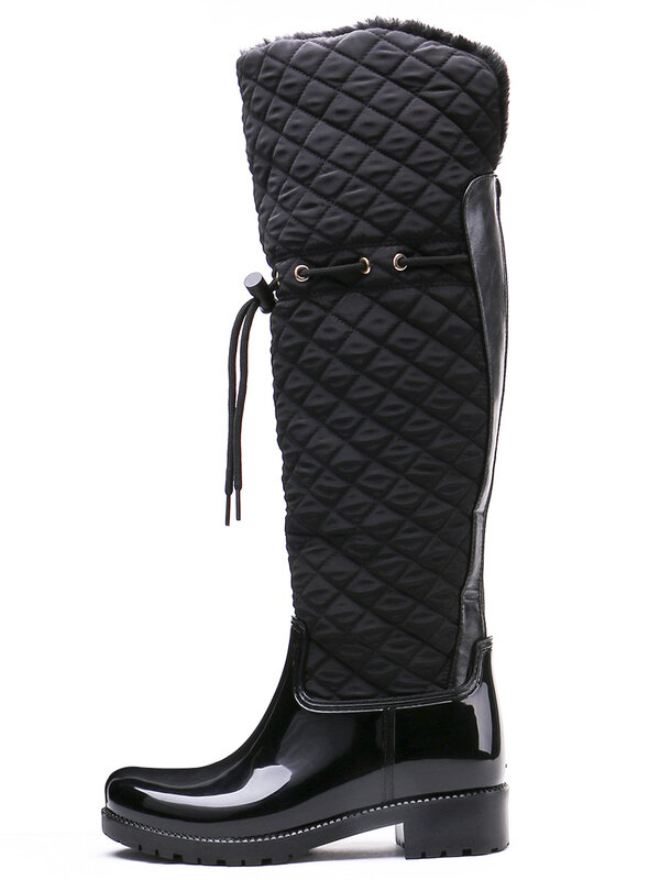 Rouroliu-botas de lluvia de retales de goma para mujer, zapatos de tacón cuadrado por encima de la rodilla, cálidos, de piel, para invierno, TR219
