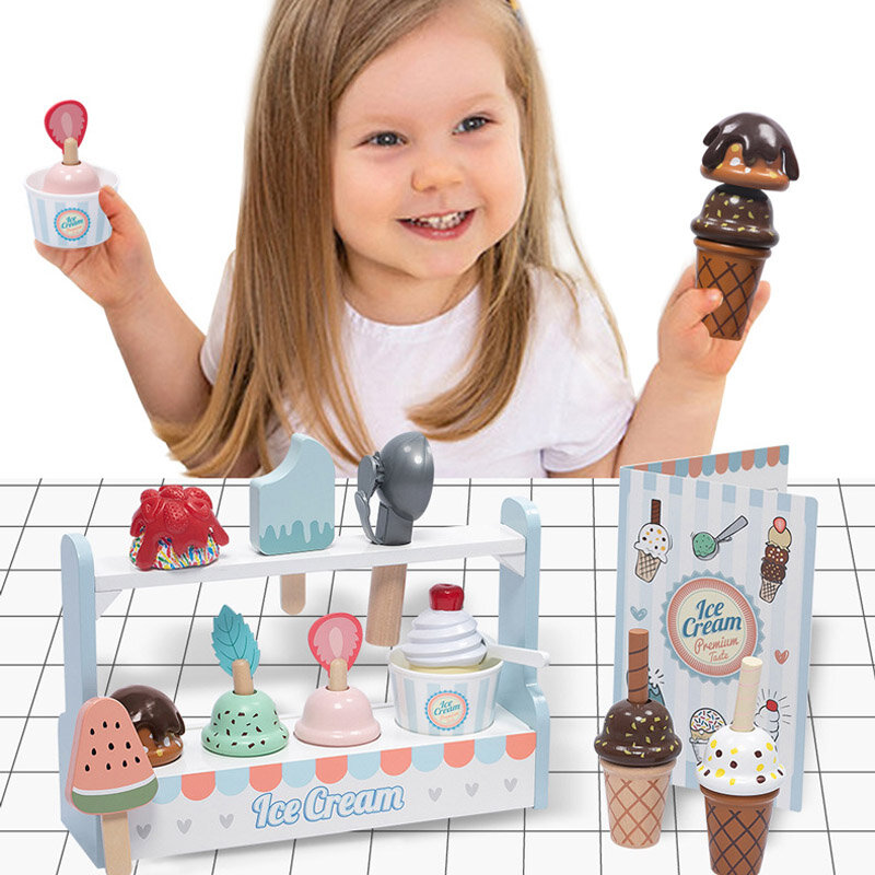 Conjunto de brinquedos de madeira para meninas, simulação infantil, geladinha, jantar de cone de bolo, miniaturas de comida, jogo de cozinha