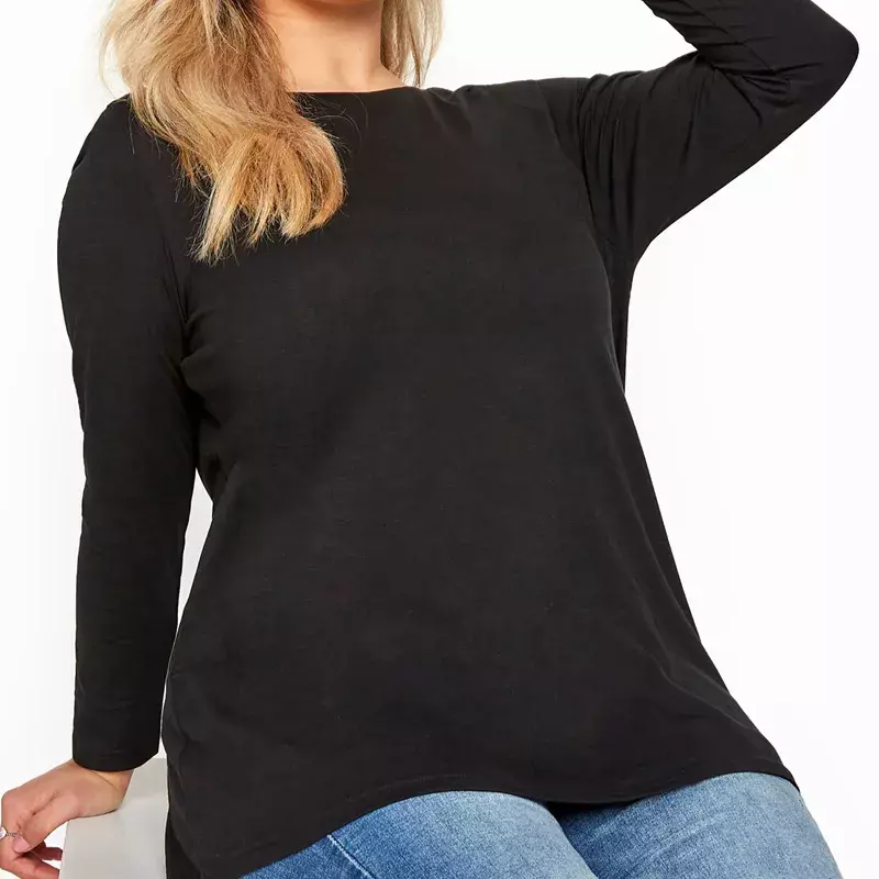 Plus Size primavera autunno elegante t-shirt in cotone manica lunga Solid Black Basic top Tee camicetta Casual di grandi dimensioni 5XL 6XL 7XL 8XL