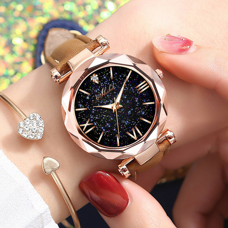 นาฬิกาข้อมือสายคาดฝ้าลายดาวเล็กๆของผู้หญิงนาฬิกาข้อมือแบบลำลองสายคล้องข้อมือ zegarek damski