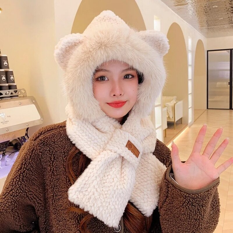 Thickening Hat Scarf New Cartoon Bear Keep Warm Hooded Scarf With Gloves Windproof Plush Hat Scarf Winter