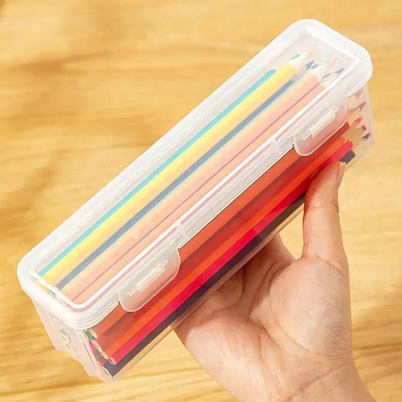 Clear Pencil Box Snap-On Large Capacity Stationery Case With Lid Portable Space Saving Storage Holder For Home School Classroom