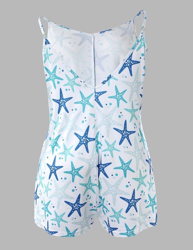 New Starfish Printed Spaghetti Shoulder Straps Sleep Jumpsuit Suspender V-Neck Sleeveless Backless Women's Short Skirt