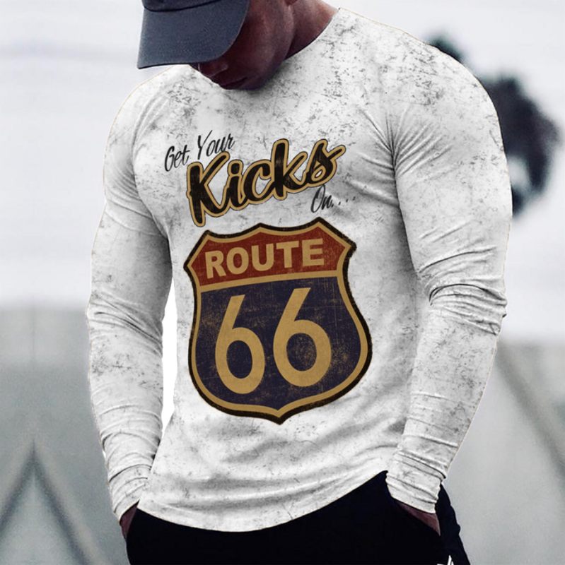 2022 męskie koszulki z długim rękawem 3d koszulka z nadrukiem Casual bawełna Vintage T Shirt Vintage Route 66 Tee luźne sportowe O-neck odzież 5xl