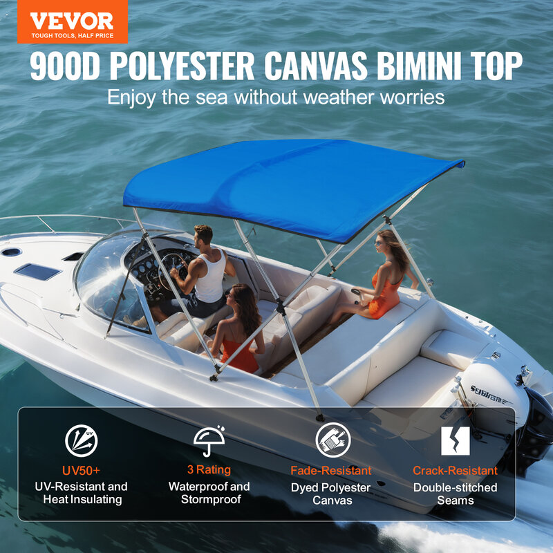 VEVOR 3 Bow Bimini Top Boat Cover, 900D Polyester Canopy with 1" Aluminum Alloy Frame, Waterproof and Sun Shade,Includes Storage