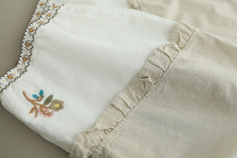 Calça casual de linho de algodão feminina, doce calça bordada, elástico na cintura, verão, 824-666