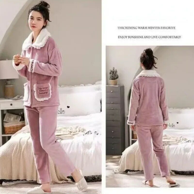 2024 New Winter Flannel Pajamas Thicken Add Velvet Loungewear Warm Autumn Homewear Two-piece Suit Coral Velvet Lace Sleepwear