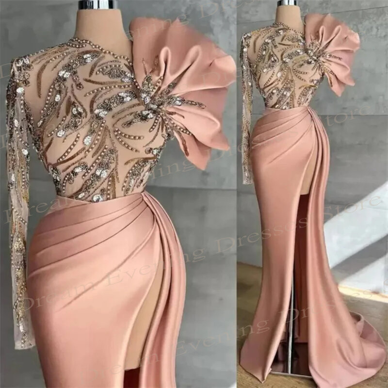 Graceful Pink Mermaid Stain Evening Dresses Charming One Shoulder Lace Appliques Prom Gowns Side Split Beaded Vestidos De Festa