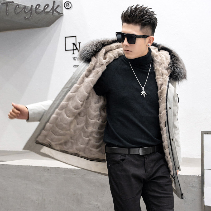 Tcyeek Mid-length Men's Fur Parka Winter Warm Natural Mink Fur Liner Slim Real Fur Coat Male Hooded Men Clothes Fox Fur Collar