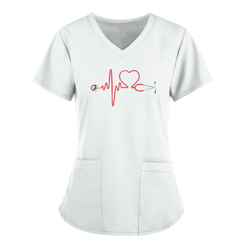 Uniforme de trabajo con estampado de bolsillo para mujer, de manga corta uniforme de enfermera, Tops de Spa con cuello en V, Túnica de cuidado de la salud