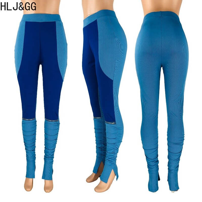 HLJ&GG Casual Color Splicing Ribber Slit Stacked Pants Women High Waisted Zipper Design Trousers Female Matching Sporty Bottoms