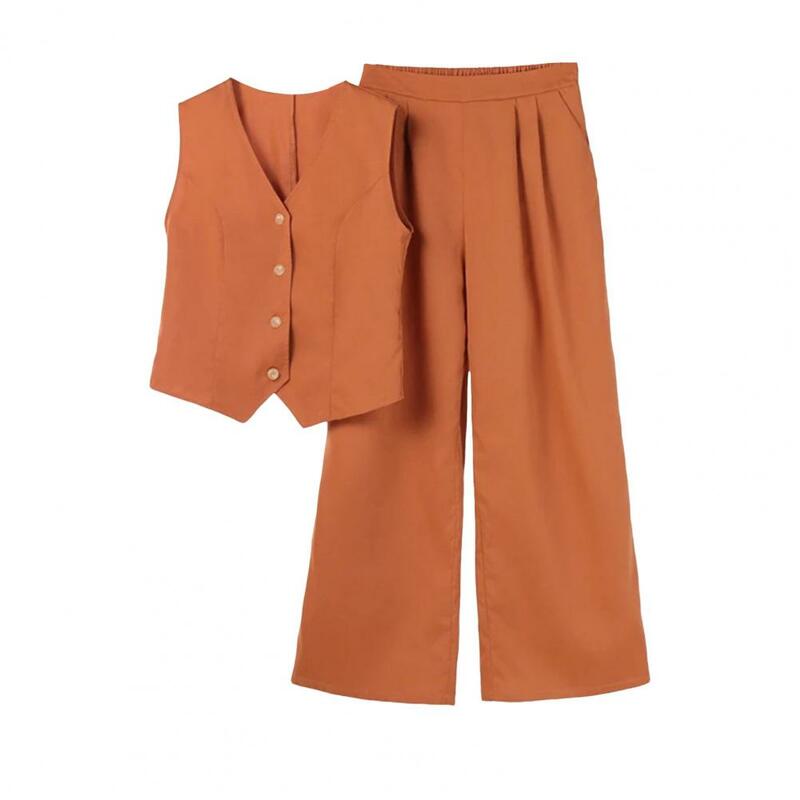 Women Two-piece Suit Women's Vest Pants Set with V Neck Top Straight Trousers Commute Outfit with Elastic Waist Side for Wear